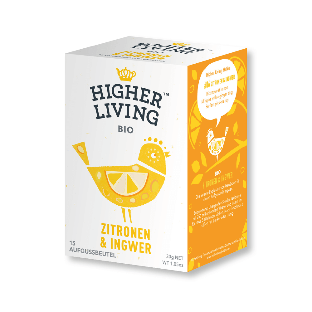 Higher Living Packshot Zitrone & Ingwer